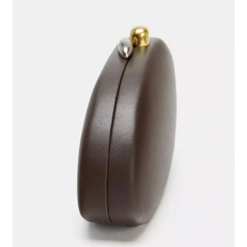 Zara NWT brown clutch bag irregular oval asymmetrical removable gold chain strap - Picture 2 of 6